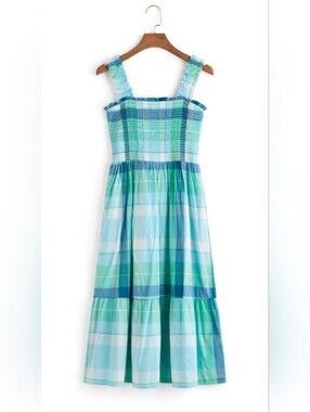 Time and Tru Blue and Green Plaid Smocked Maxi Dress